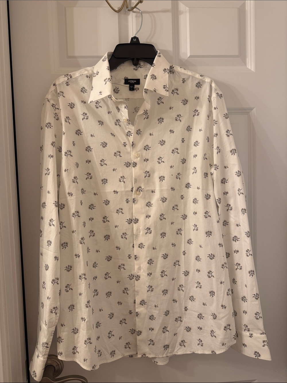 Express Men’s White Shirt with Small Gray Floral Print